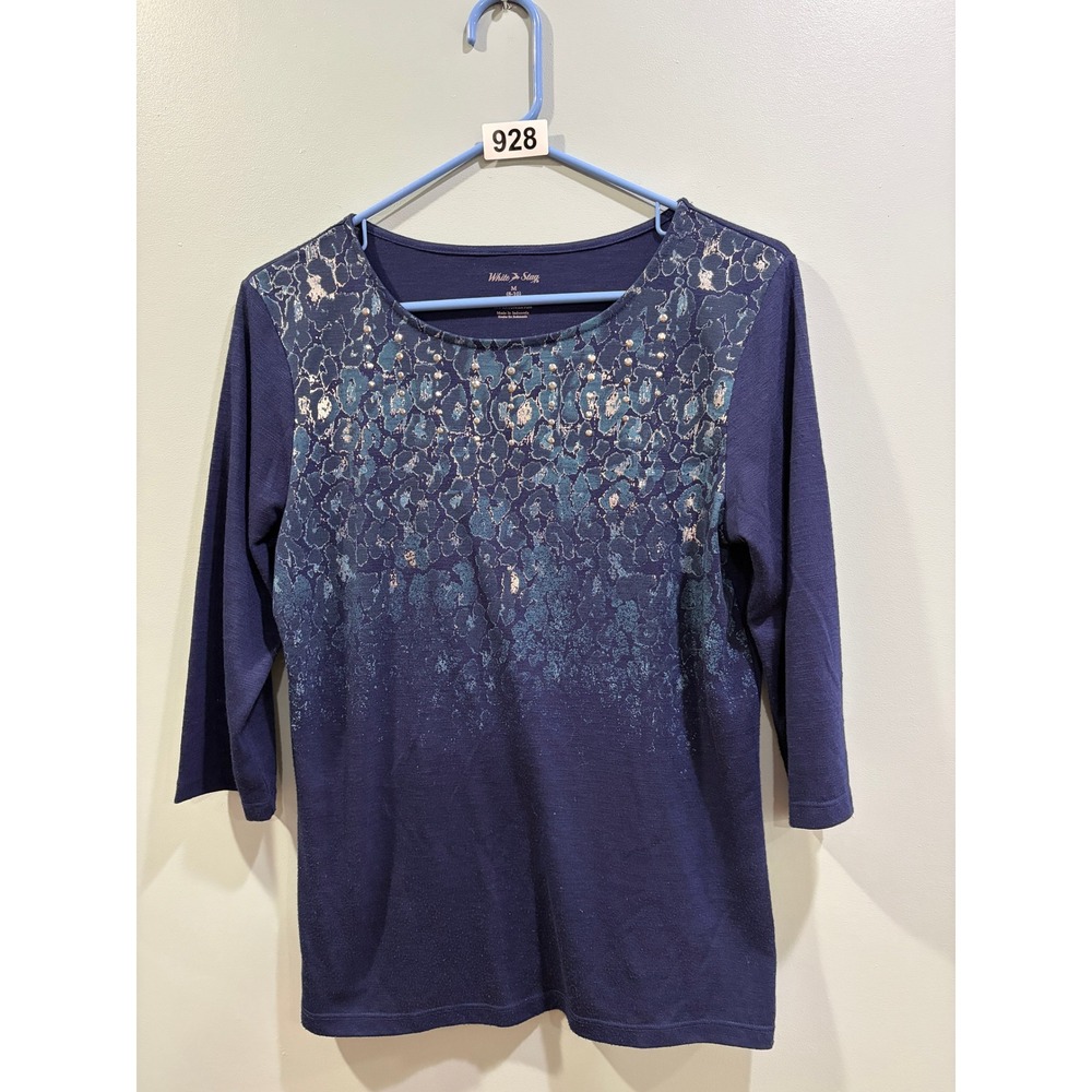 White Stag Womens Navy Blue Rhinestone Foil Print 3/4 Sleeve Top Size M 8-10